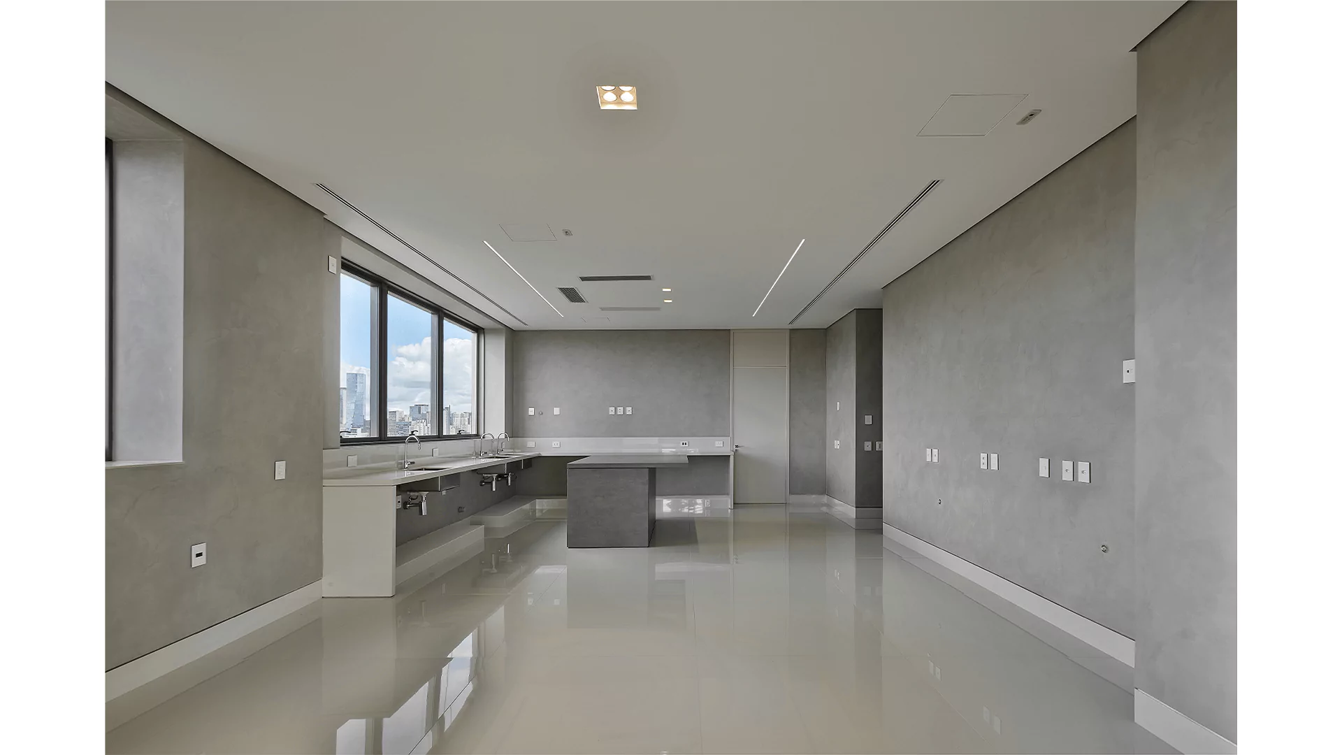 Espaço com bancadas, pias e ilha